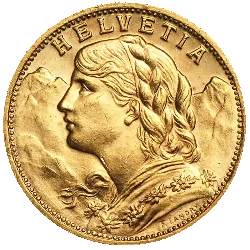 20 Franków Szwajcarskich - Helvetia - złota moneta