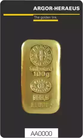 Złota sztabka 100 gramów Argor-Heraeus odlewana
