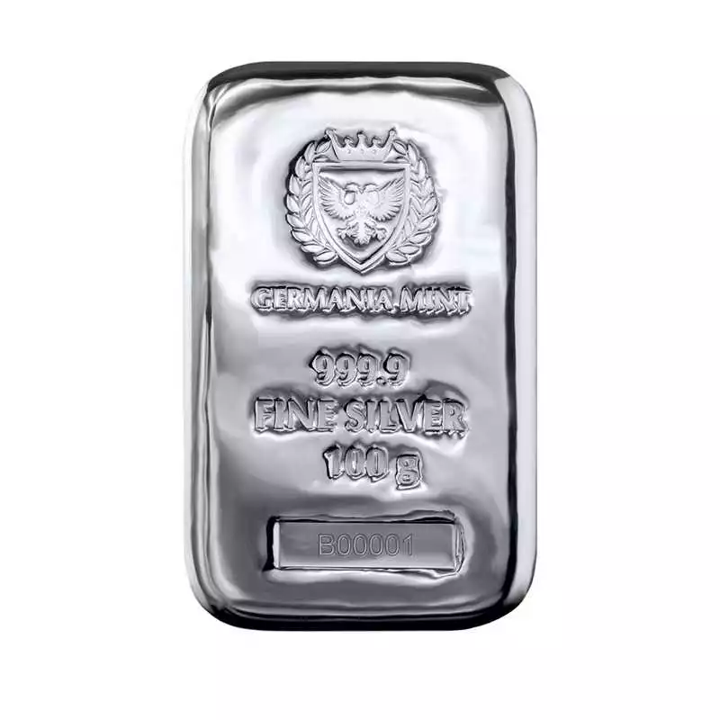 Srebrna sztabka 100 gramów Germania Mint odlewana