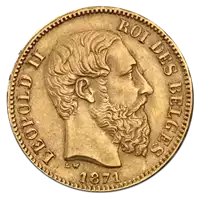 20 Franków Belgijskich Leopold II 1876 - 1882 - złota moneta