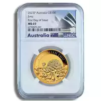 Australijski Emu 1 uncja 2023 MS 69 NGC First Day of Issue - złota moneta