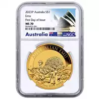 Australijski Emu 1 uncja 2023 MS 70 NGC First Day of Issue złota moneta