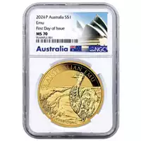 Australijski Emu 1 uncja 2024 MS 70 NGC First Day of Issue - złota moneta