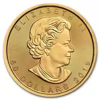 Kanadyjski Liść Klonowy 1 uncja 2019 złota moneta awers