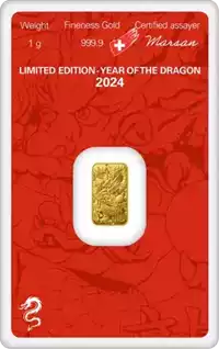 Złota sztabka 1 gram Argor-Heraeus Rok Smoka 2024