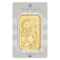 Złota sztabka 100 gramów Britannia Royal Mint opakowanie awers