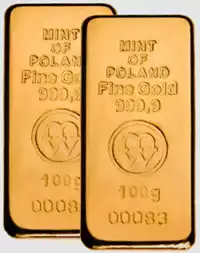 Zestaw 2 x złota sztabka 100 gramów Mennica Polska odlewana