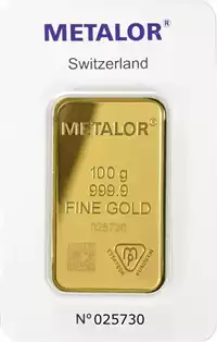 Złota sztabka 100 gramów Metalor awers