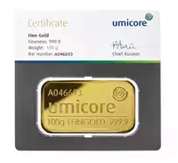 Złota sztabka 100 gramów Umicore CertiCard