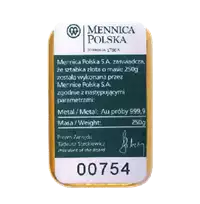 Złota sztabka 250 gramów Mennica Polska certyfikat