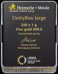 Złota sztabka 250 x 1 gram Heimerle Meule UnityBox tył