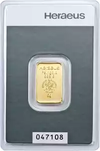 Złota sztabka 5 gramów Heraeus awers