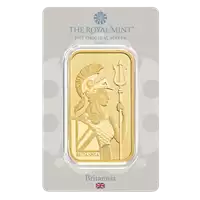 Złota sztabka 50 gramów Britannia Royal Mint opakowanie awers