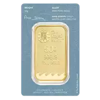 Złota sztabka 50 gramów Britannia Royal Mint opakowanie rewers
