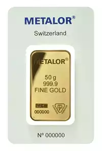 Złota sztabka 50 gramów Metalor awers